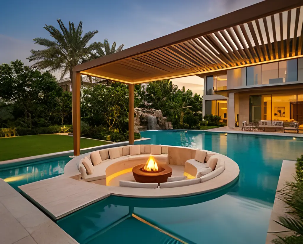 Sunken fire-pit lounge surrounded by a swimming pool, under a timber pergola