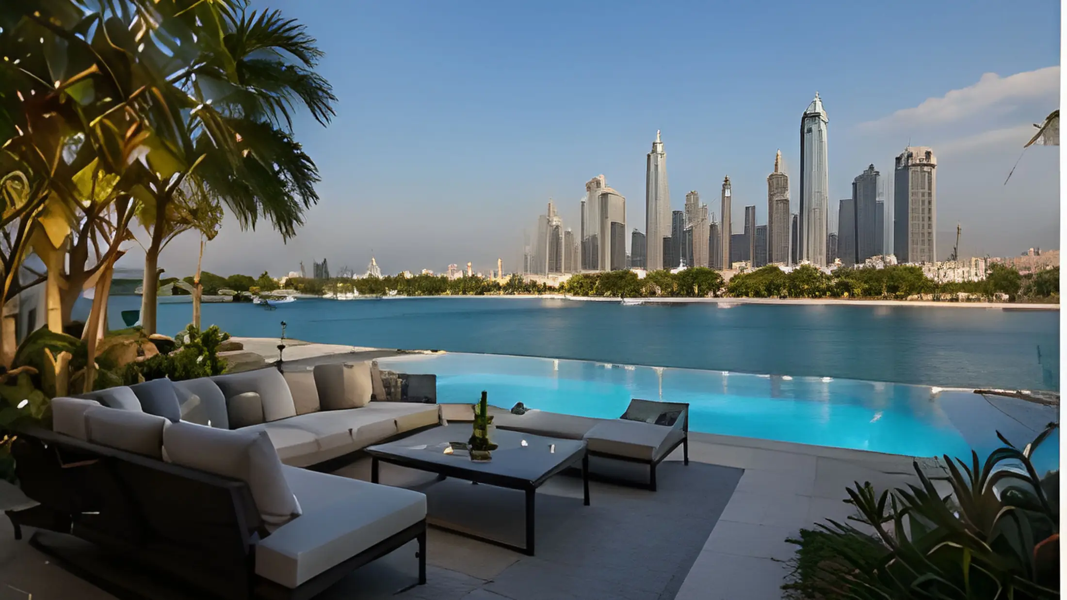 Poolside lounge at dusk in a contemporary Gulf villa garden